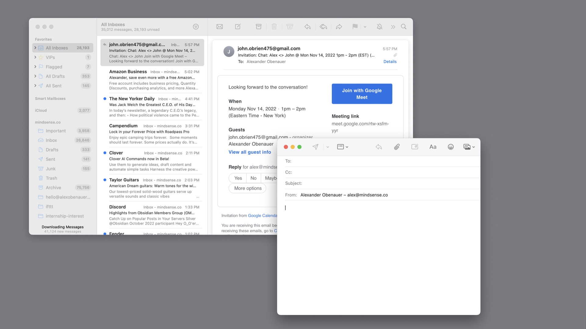 Screenshot of macOS' Mail app open to inbox with a compose window next to it