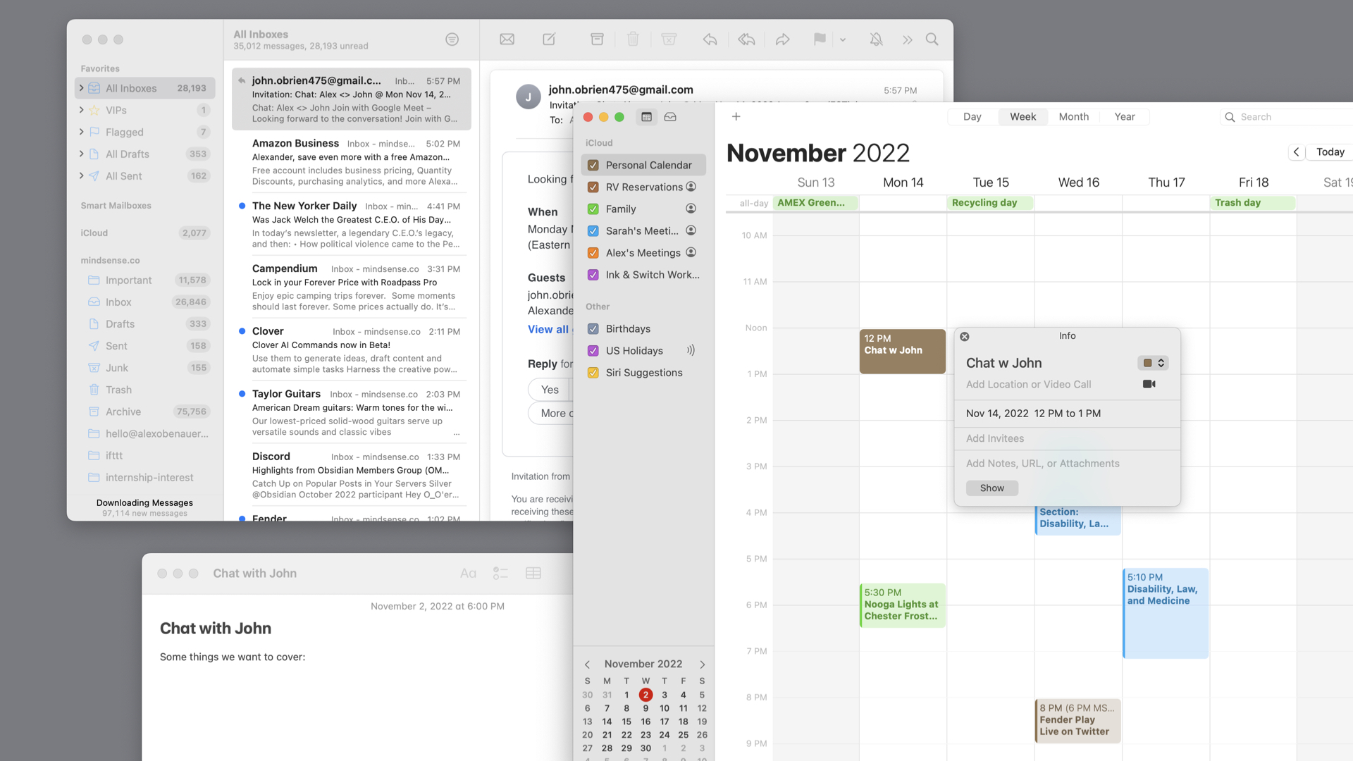 Screenshot of a mail app, calendar app, and notes app, all open to their native items pertaining to one meeting.