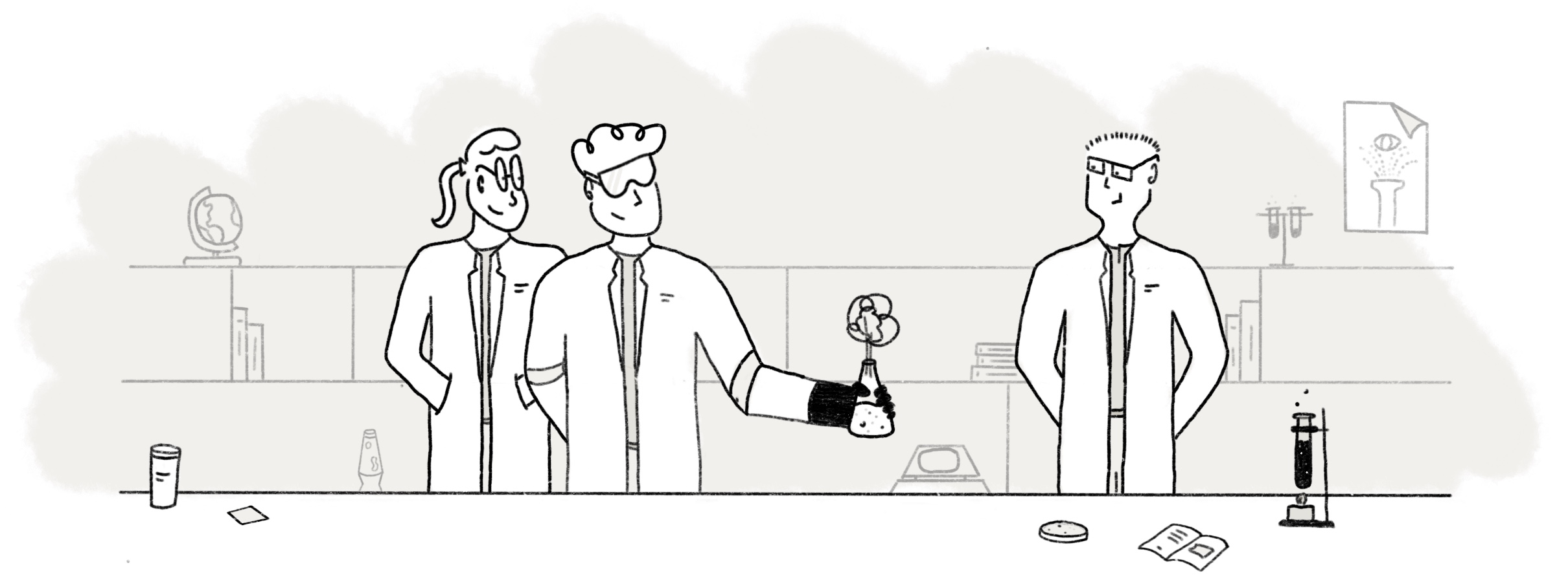Illustration of lab members in the lab