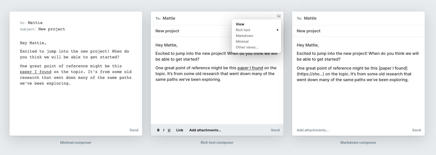 Different kinds of views a user might choose for composing their email drafts.