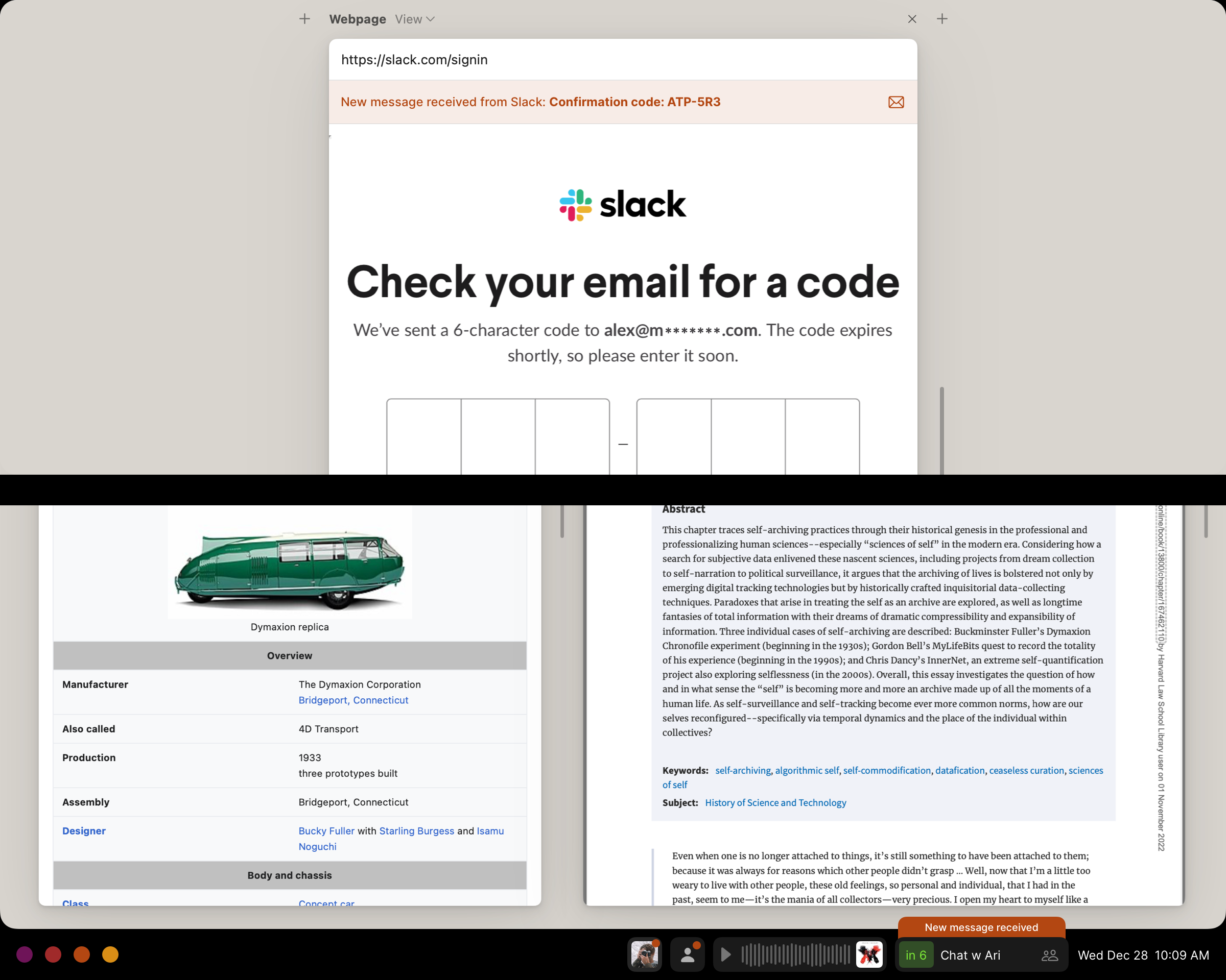Top: A contextual notification appearing at the top of a sign in page showing the email received with the needed two-factor authentication code. Bottom: A contextual notification appearing above the live item for an upcoming meeting showing an email received from someone who will be at the meeting.